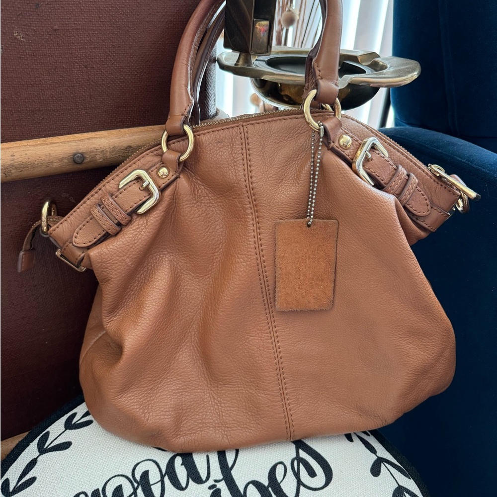 Tan Leather Shoulder Bag with Decorative Hardware